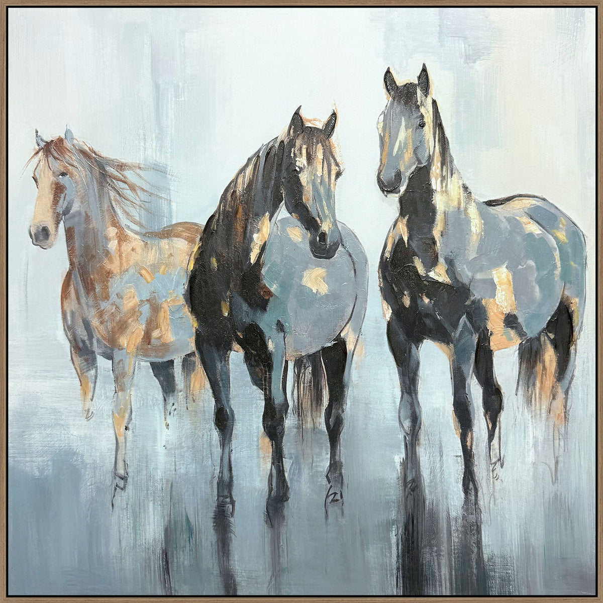 "Equine Grace II" Hand-Painted Canvas In Frame - Gray / Brown / Blue