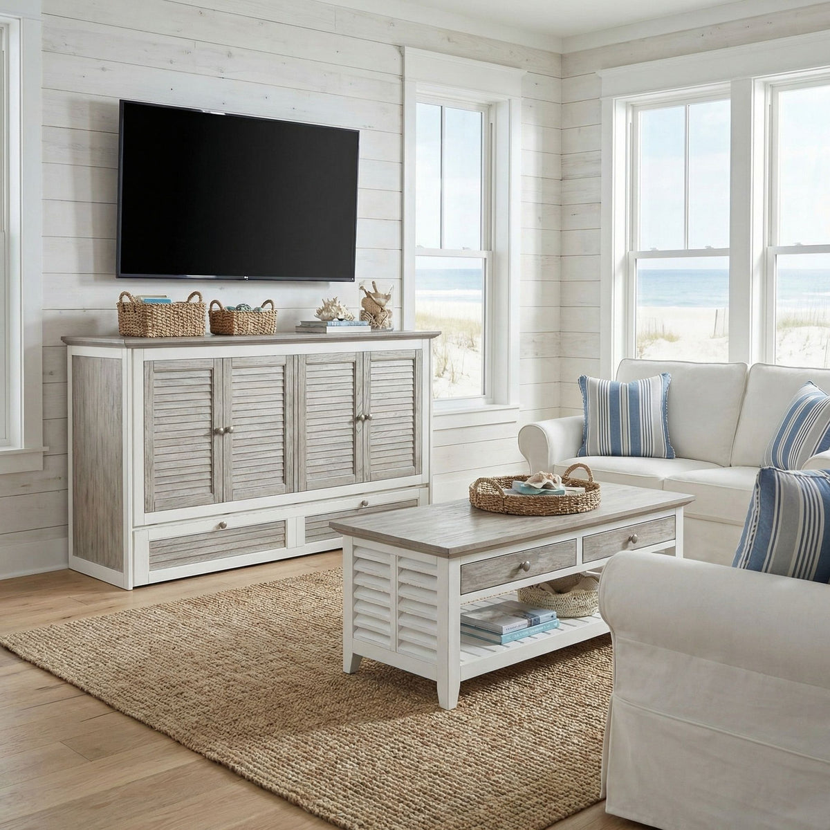 Islamorada - Queen Size Cabinet Bed With Mattress - Dapple Gray / Blanc