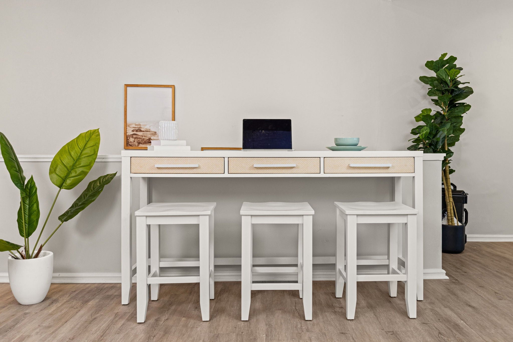 Miramar - 3-Drawer Console And 3 Stools - Sand / Stark White