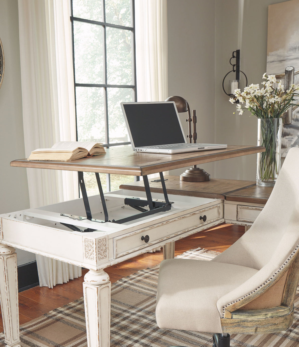 Realyn - Home Office Lift Top Desk - White / Brown