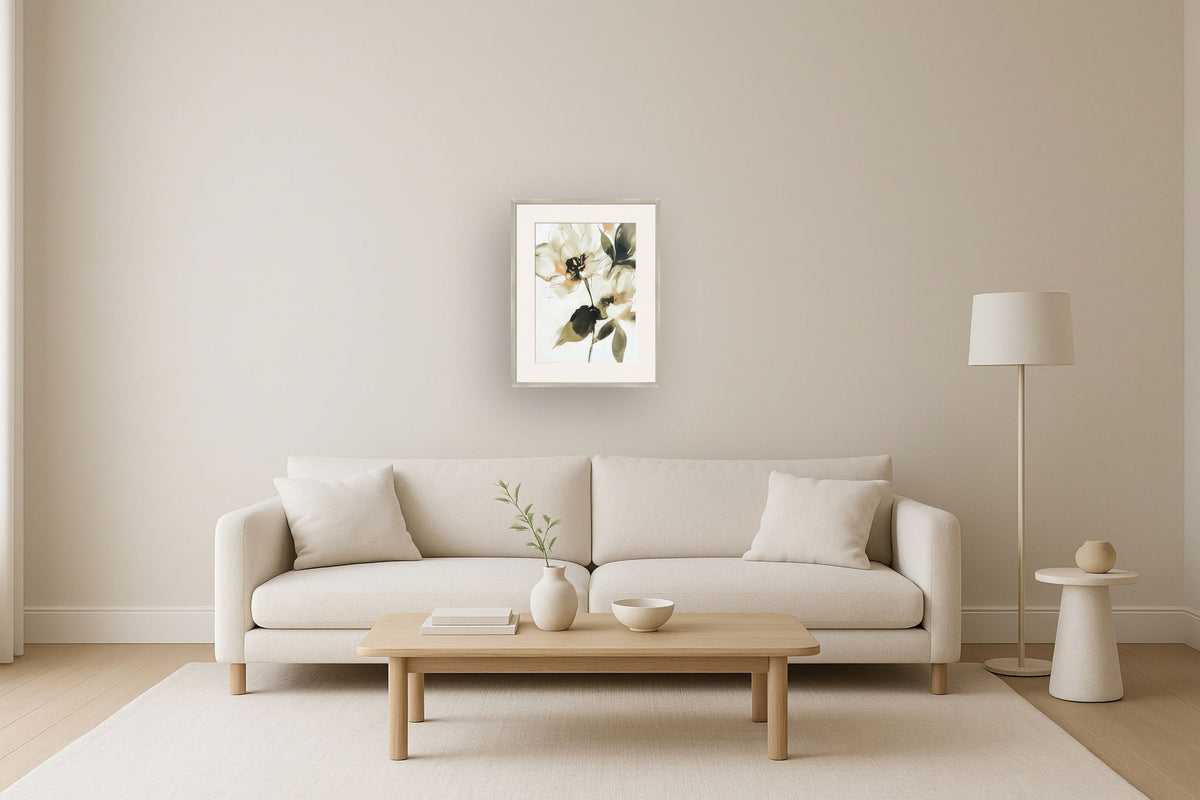 "Whispering Petals I" Framed Canvas Under Acrylic - Beige / Cream / Olive