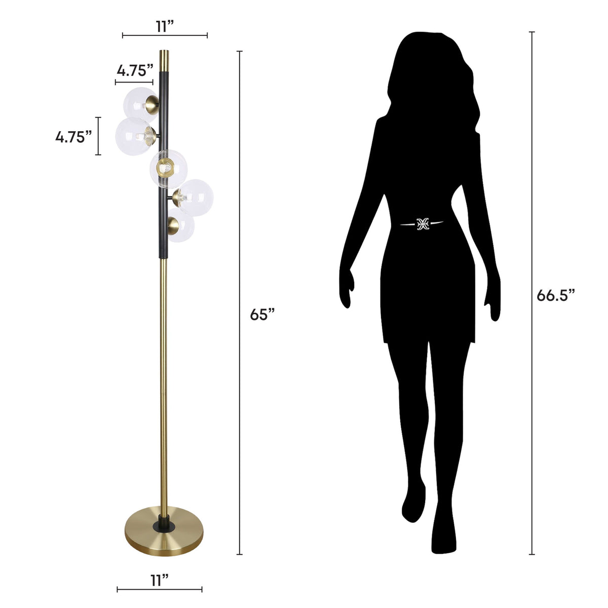"Luminous Orbit" Metal Floor Lamp - Matte Black / Soft Gold / Clear