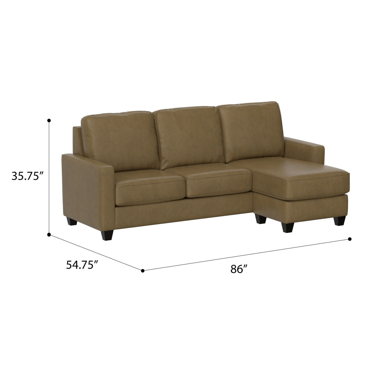 2 Piece Sofa With Chaise, Comfortable Seating For 3, Tapered Feet, USB Charging Console - Brown