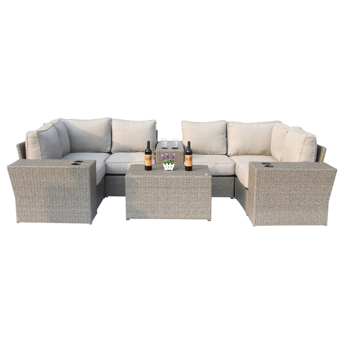Wicker Outdoor Sectional With Weather Resistant Cushions And Table