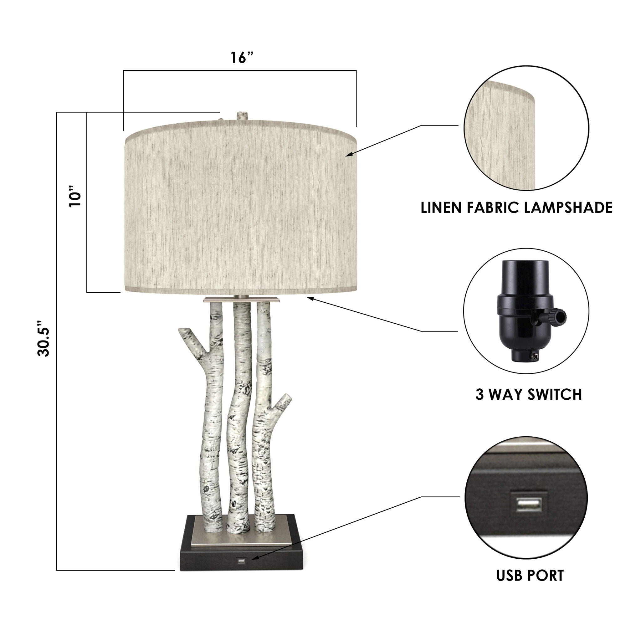Birchwood Trio - Table Lamp With USB (Set of 2) - White Wash