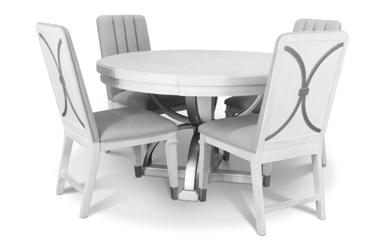 Point Breeze - Round Dining Table With Metal And 20" Leaf - Fresh White With Soft Gray Glaze