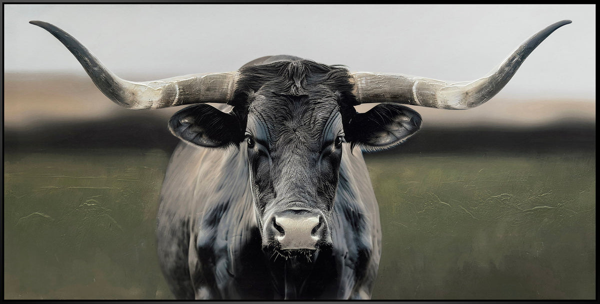 "Majestic Longhorn" Hand-Embellished Canvas In Frame - Gray / White / Green