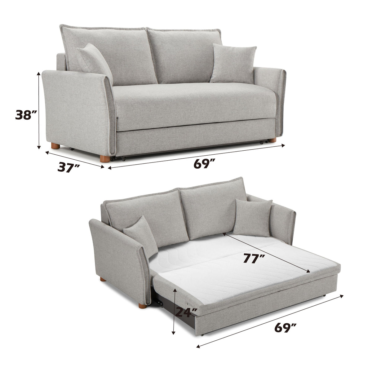 Oren - Chenille Sleeper Sectional Sofa With Storage 2 Toss Pillows - Gray