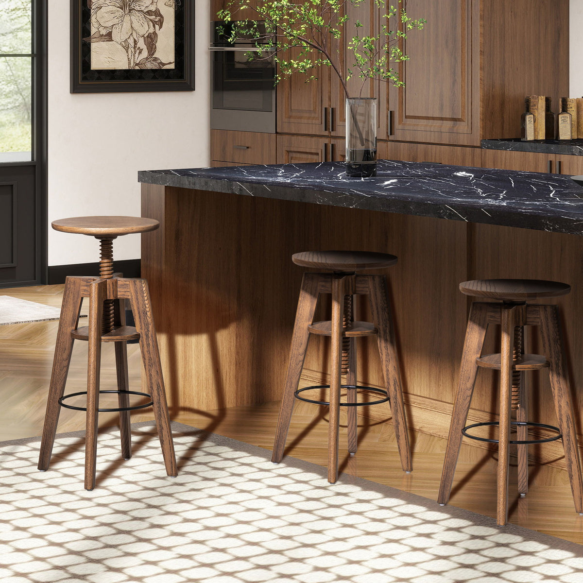 Spencer - Minimalist Oak Adjustable Bar Counter Stool - Walnut Brown Oak