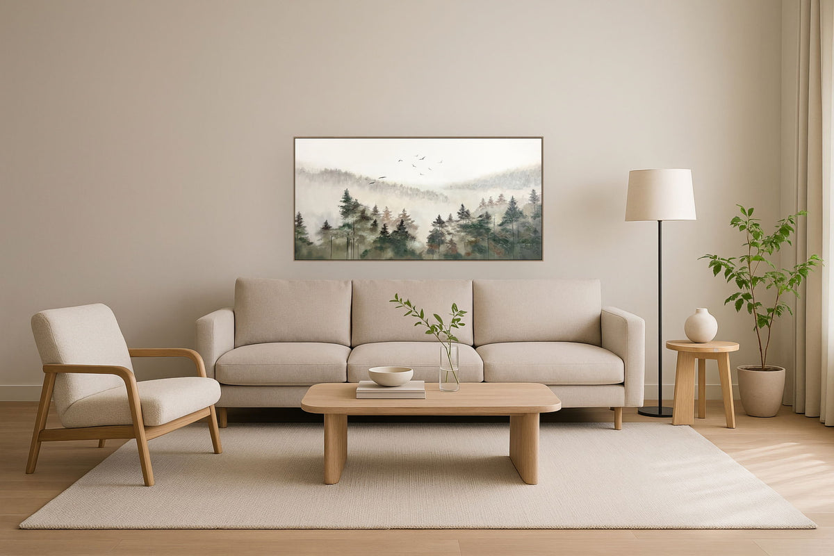 "Misty Wilderness" Hand-Painted Canvas In Frame - Green / Gray
