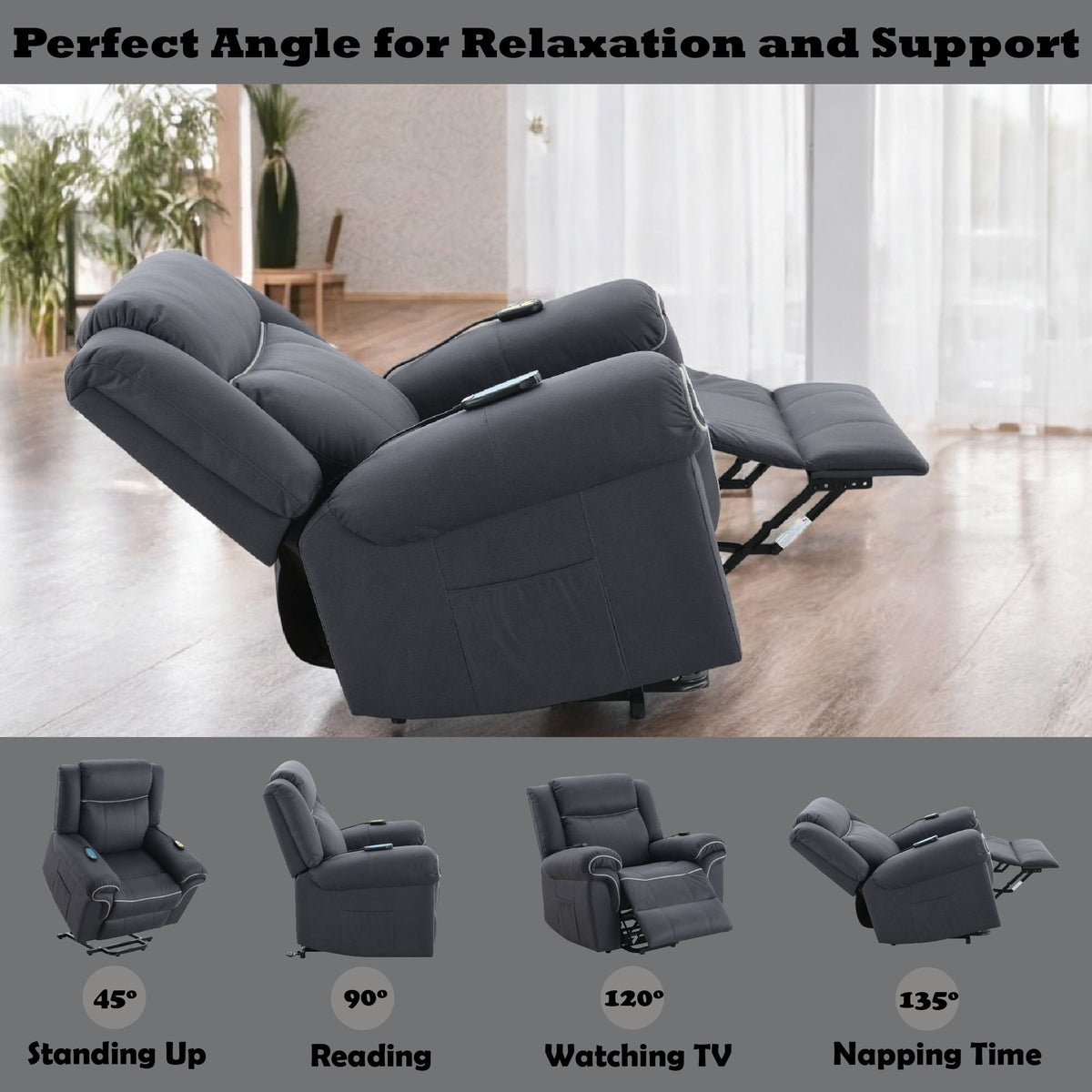 Domana - Polished Microfiber Power Nirion Recliner With Lift Heating Massage Chair - Dark Blue