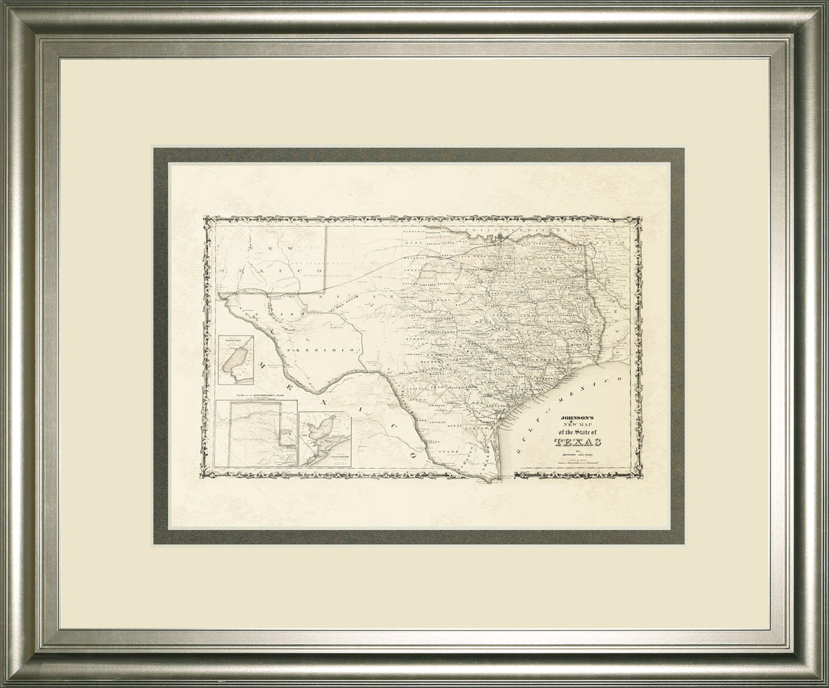 New Map Of The State Of Texas By Johnson And Wank - Framed Print Wall Art - Beige