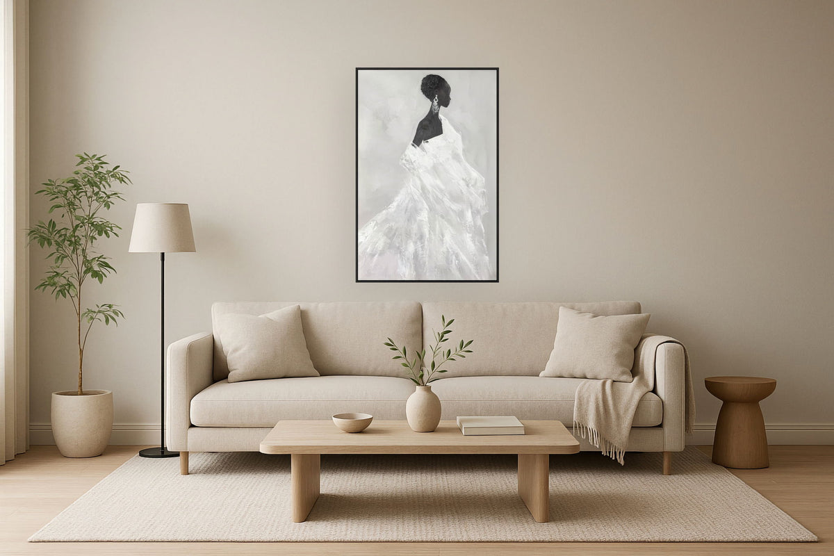 "Elegant Silhouette II" Hand-Painted With Rocks In Frame - Black / Gray