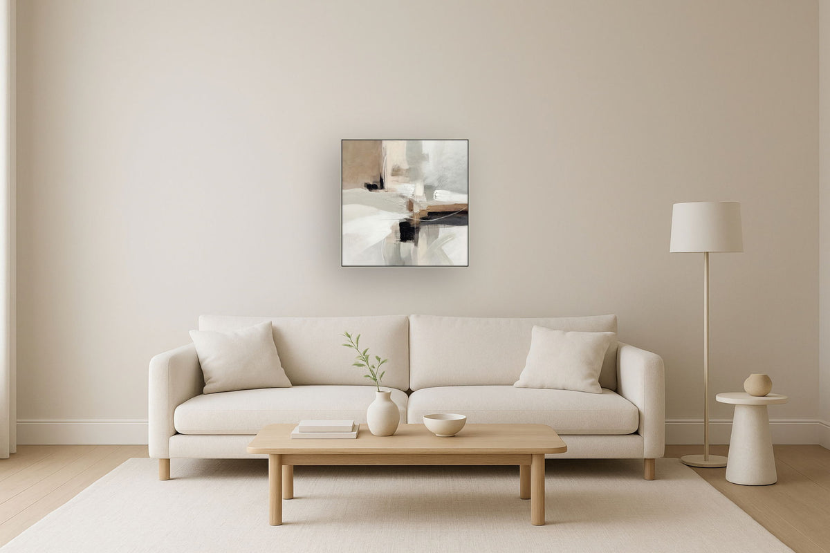 "Earthy Abstraction II" Hand-Embellished Canvas In Frame - Neutral / Black / White