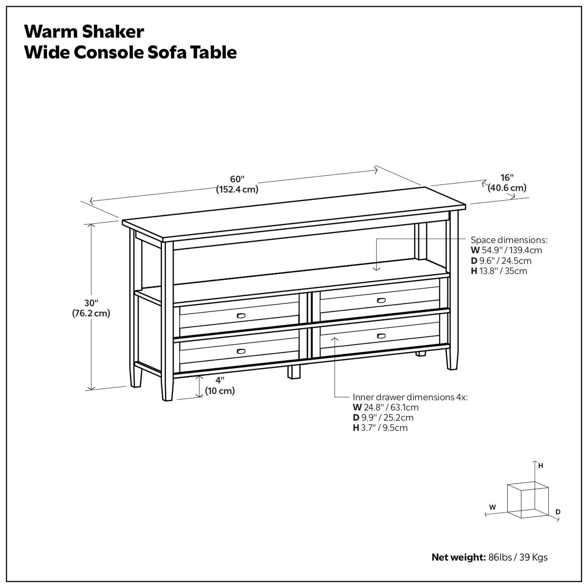 Warm Shaker - Wide Console Sofa Table - Light Golden Brown