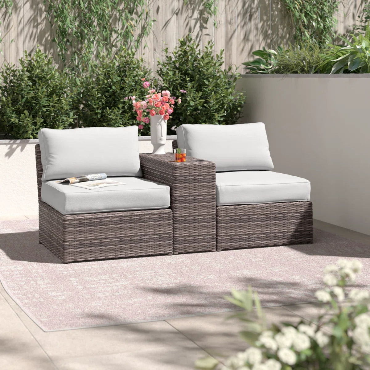 2 Person Wicker Conversation Set With Cushions, Weather Resistant