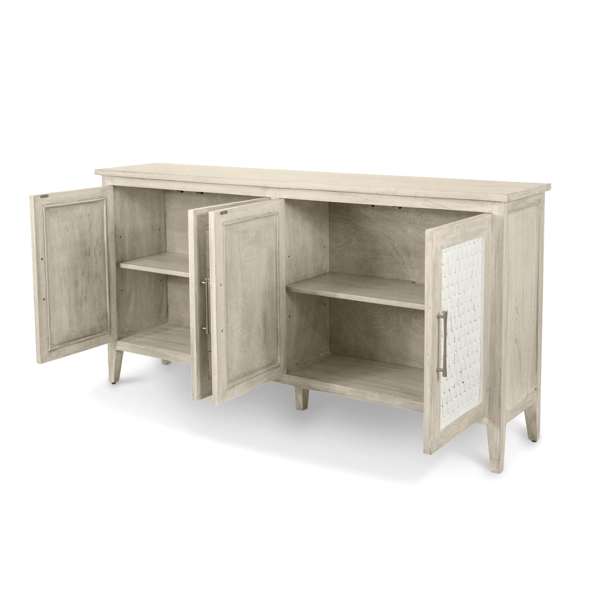Tahiti - 4-Door Credenza With Water Hyacinth Woven Doors - Coastal White / Aged Ivory