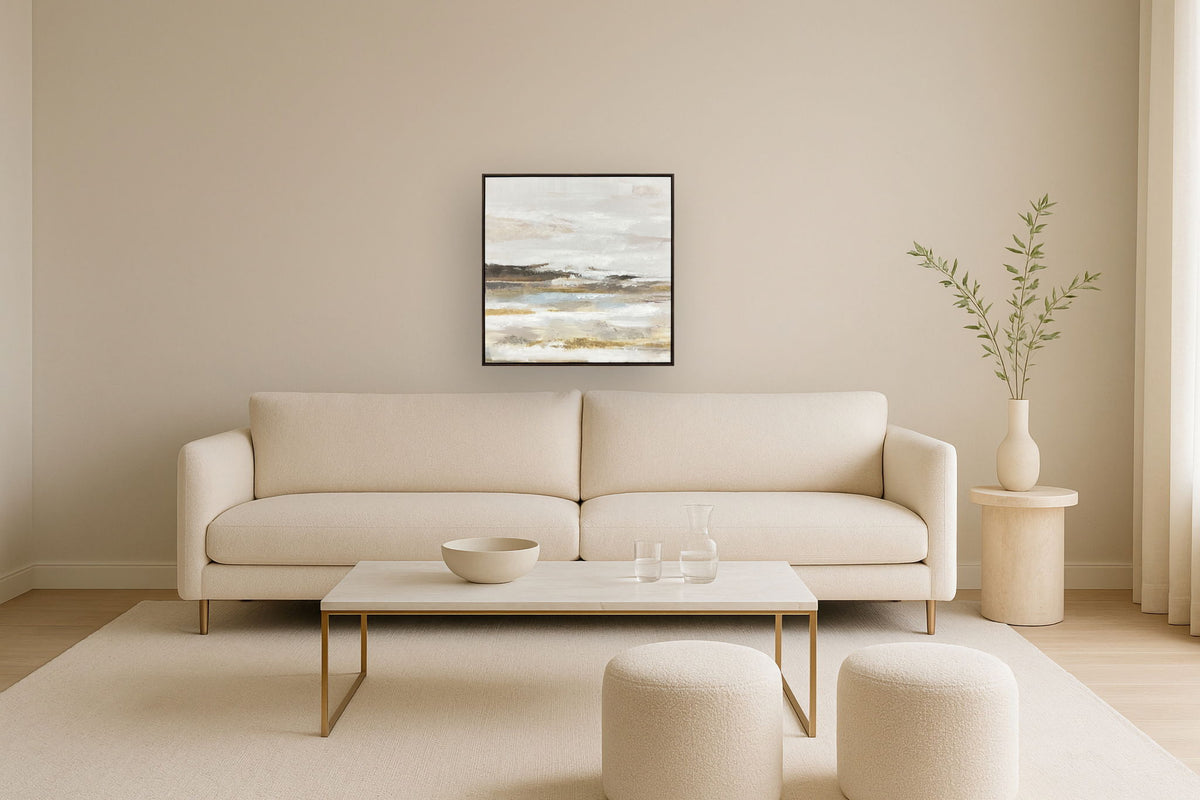 "Tranquil Horizon I" Hand-Embellished Canvas In Frame - Cream / Light Blue / Brown