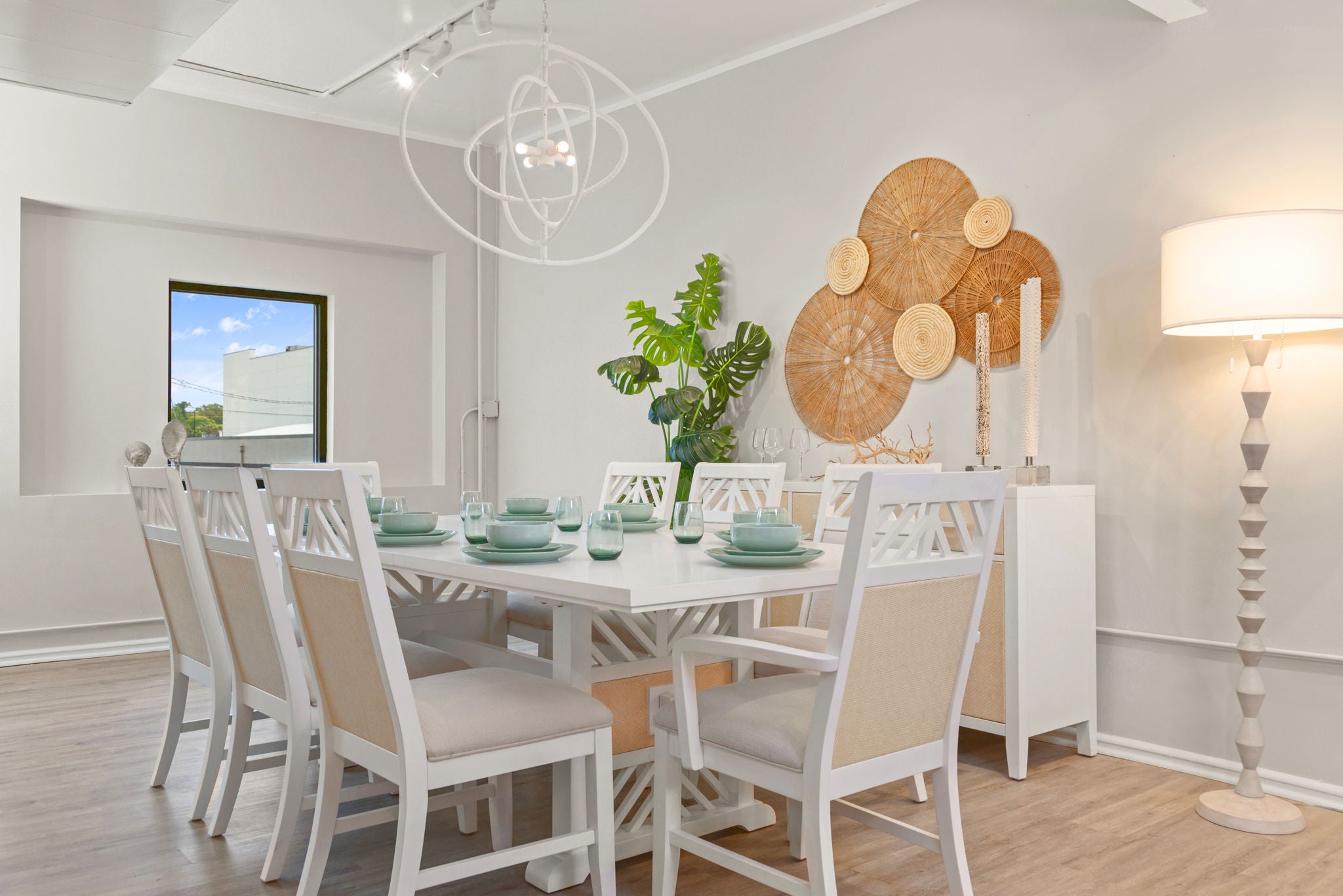 Miramar - Extendable Trestle Dining Table With Self Storing Leaf - Sand / Stark White