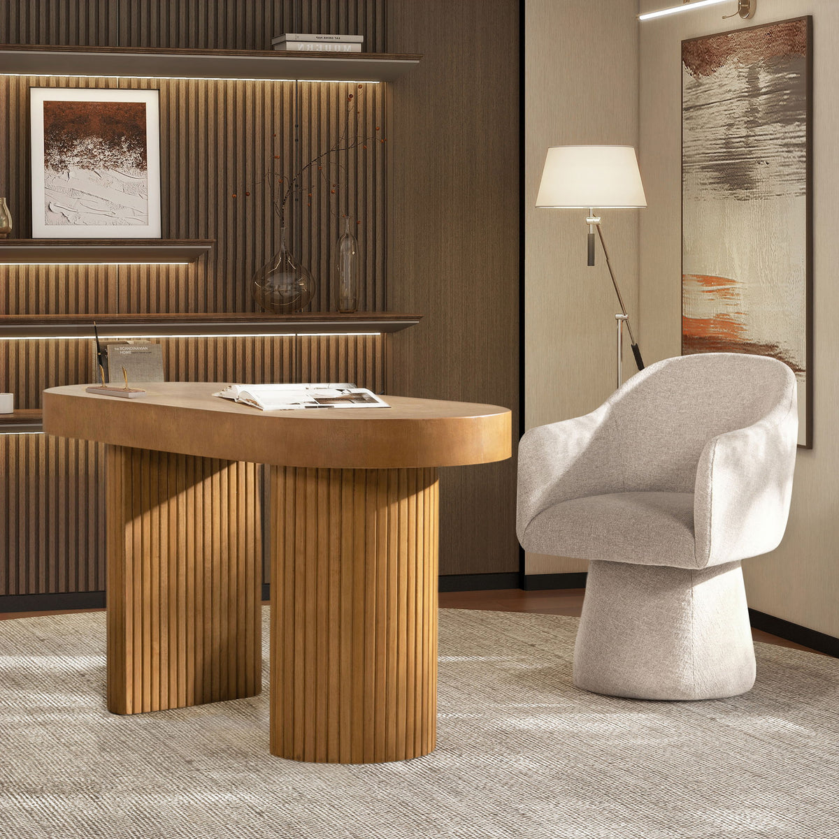 Jesse - Single Drawer Fluted Oval Console Desk - Honey Brown