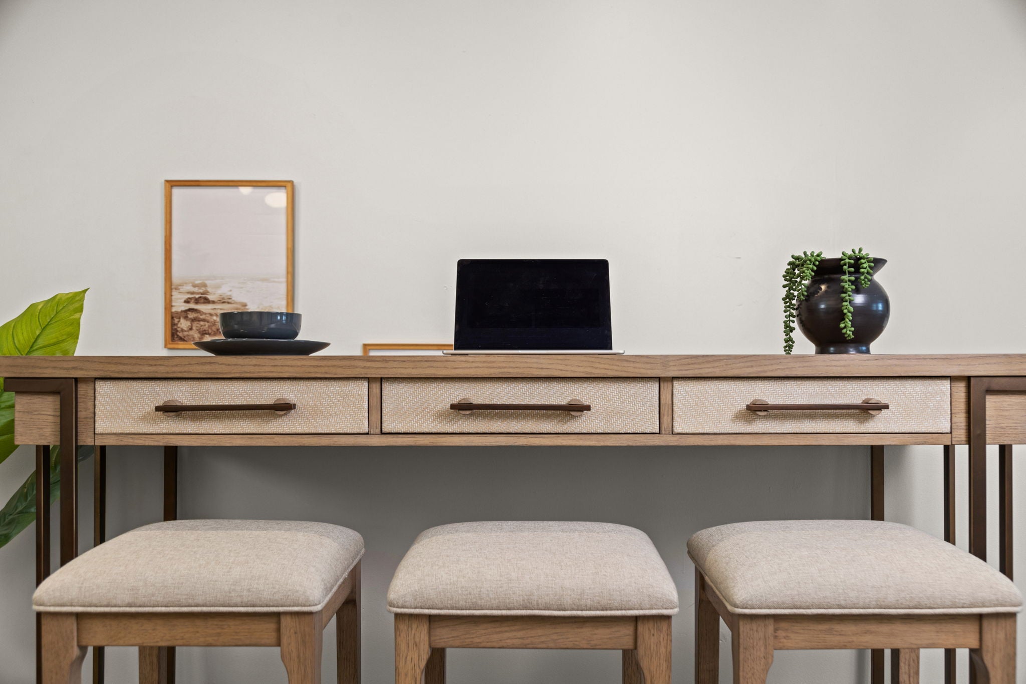 Rio Vista - 3-Drawer Console With Power Strip, USB-A And USB-C Port And 3 Stools - Muted Earth Tones / Clay