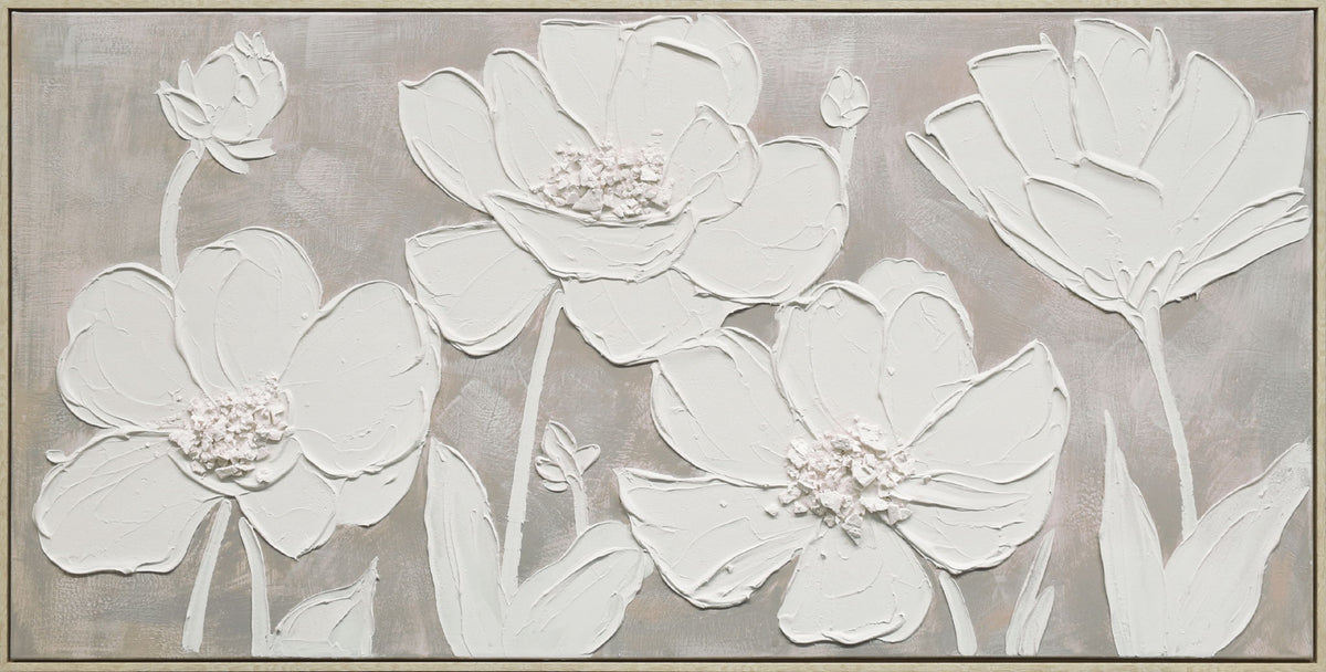 "Textured Blossoms" Hand-Painted Canvas In Frame - White / Gray