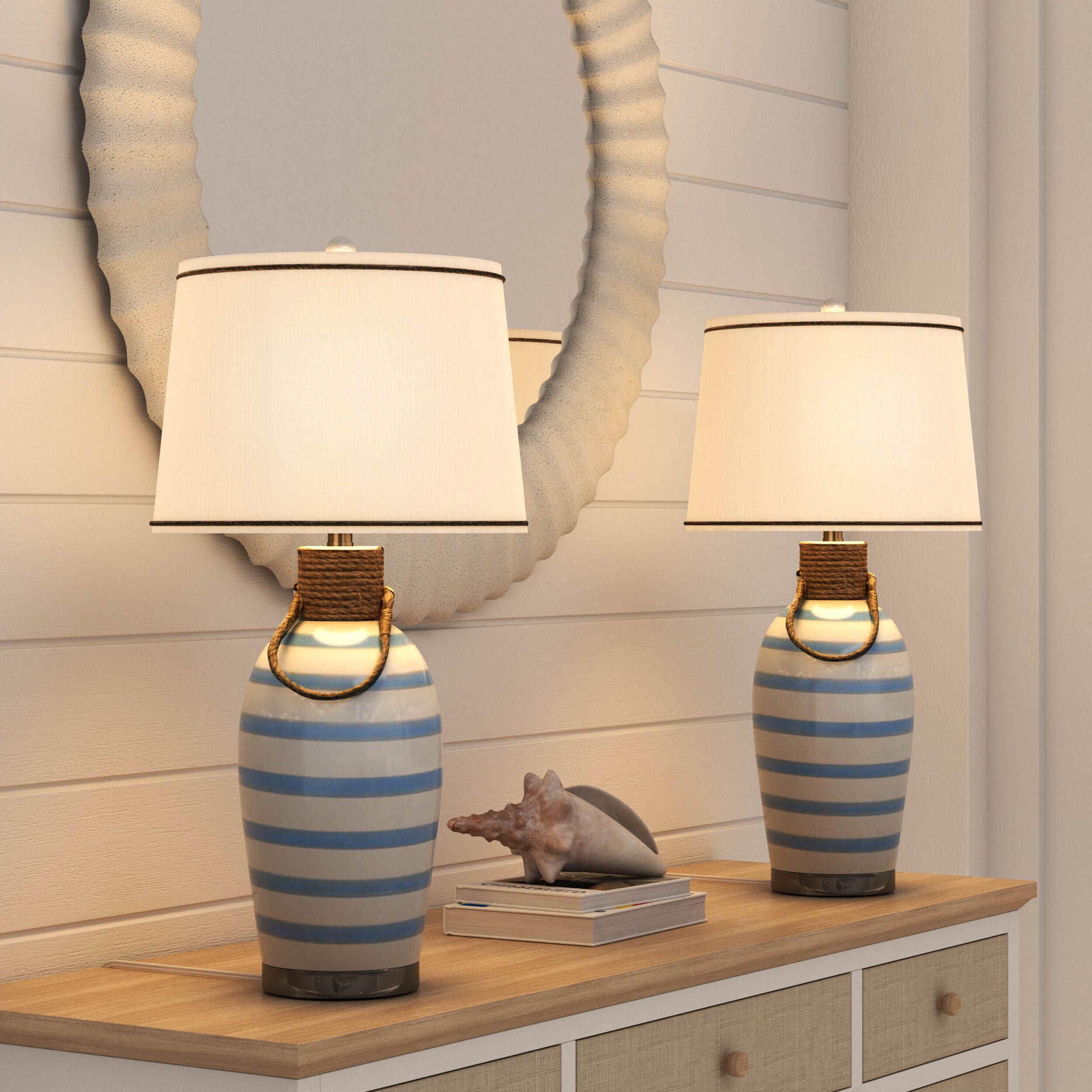 Harbor - Striped Ceramic Table Lamp With Rope (Set of 2) - Blue / White