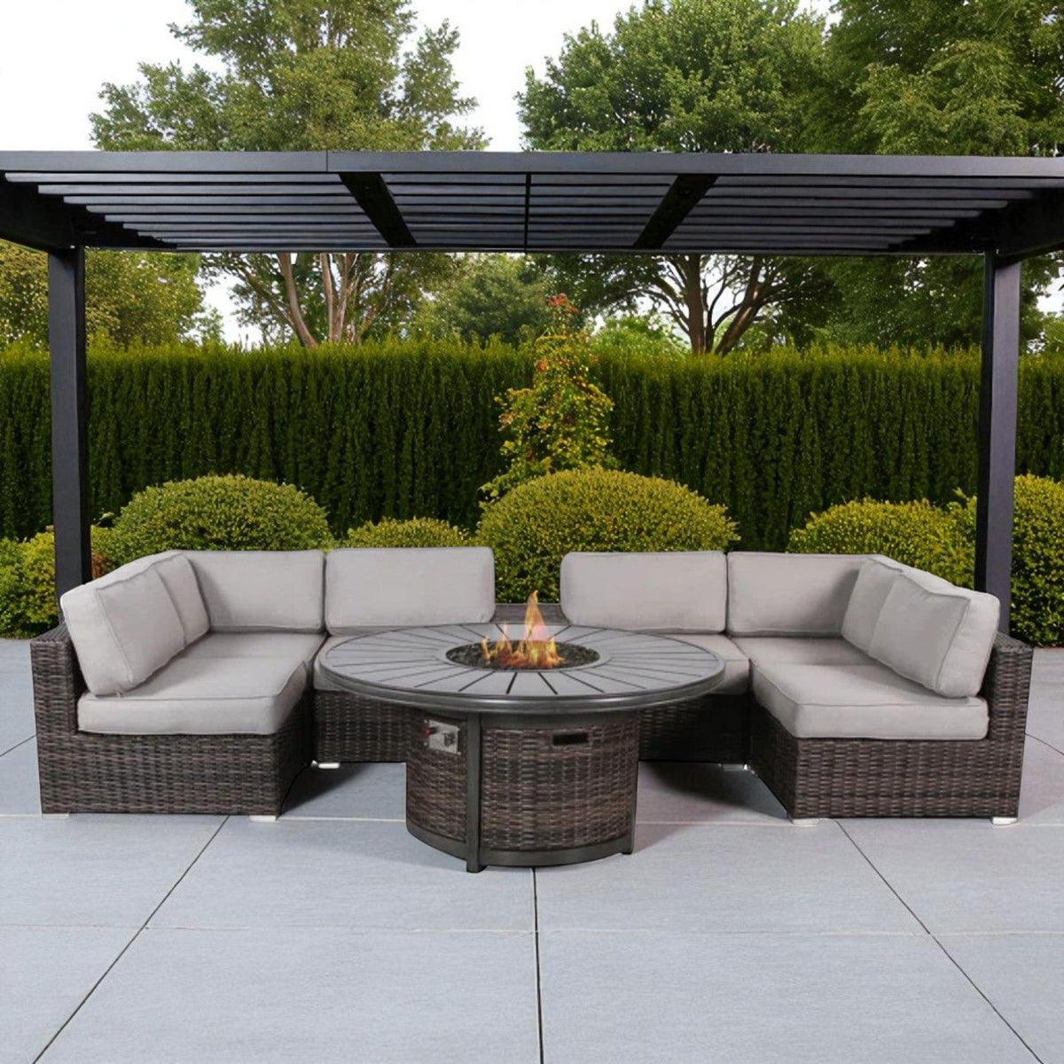 Rattan Patio Set With Comfortable Cushions And Fire Pit