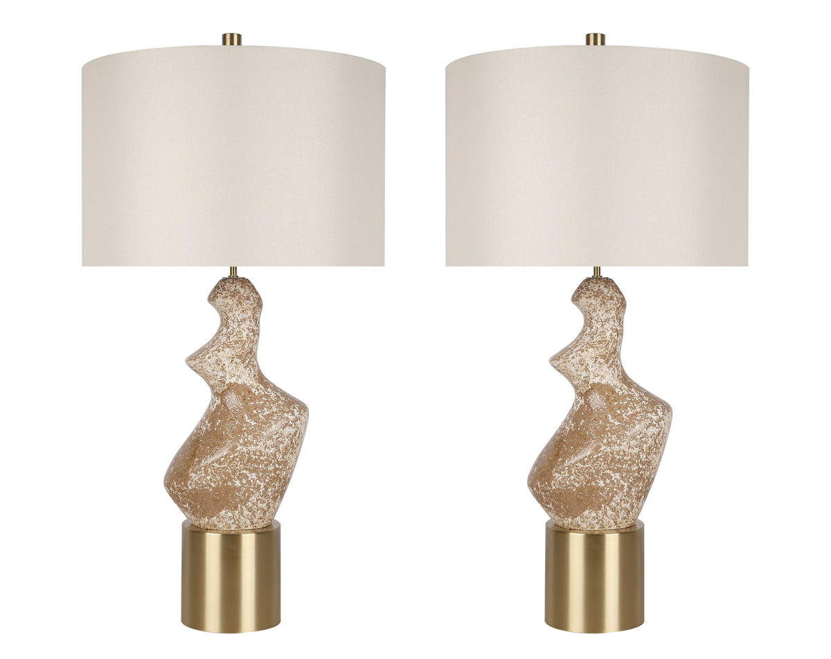 "Sculptural Serenity" Ceramic Table Lamp (Set of 2) - Stone / Soft Gold