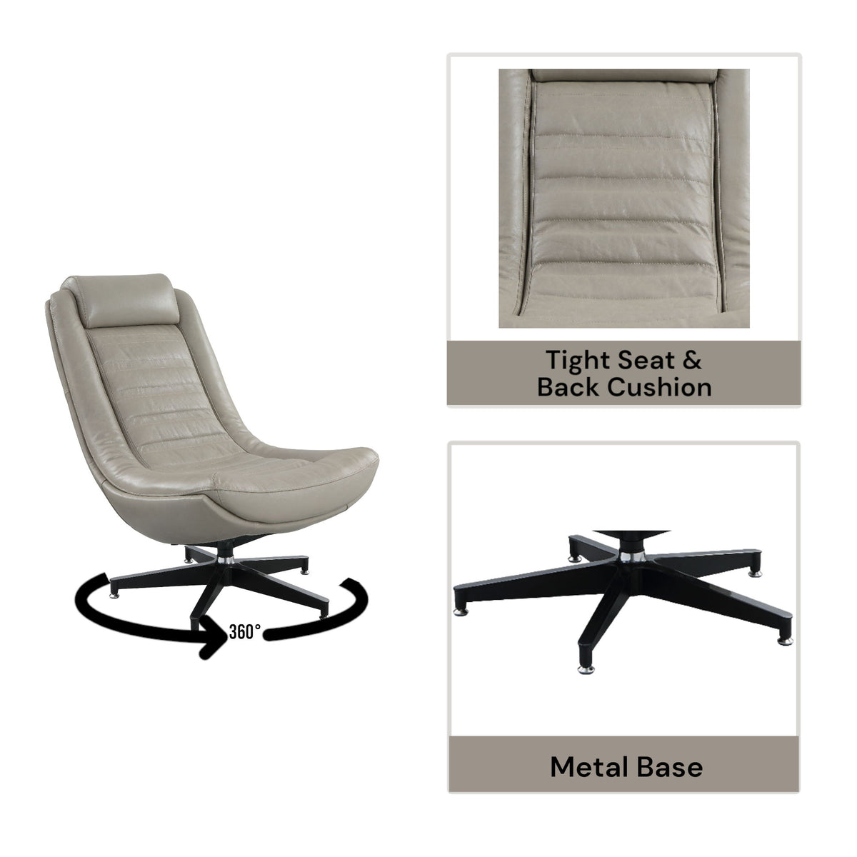 Piran - Top Grain Leather Accent Chair With Swivel - Gray