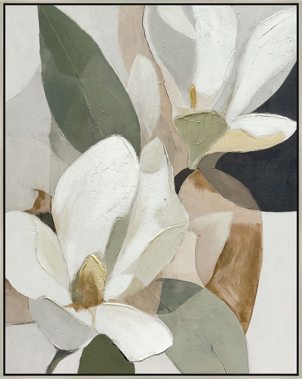 "Magnolia Serenity II" Hand-Embellished Canvas In Frame - Black / Earthy Tones / White
