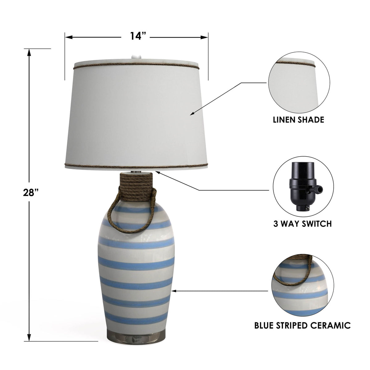 Harbor - Striped Ceramic Table Lamp With Rope (Set of 2) - Blue / White