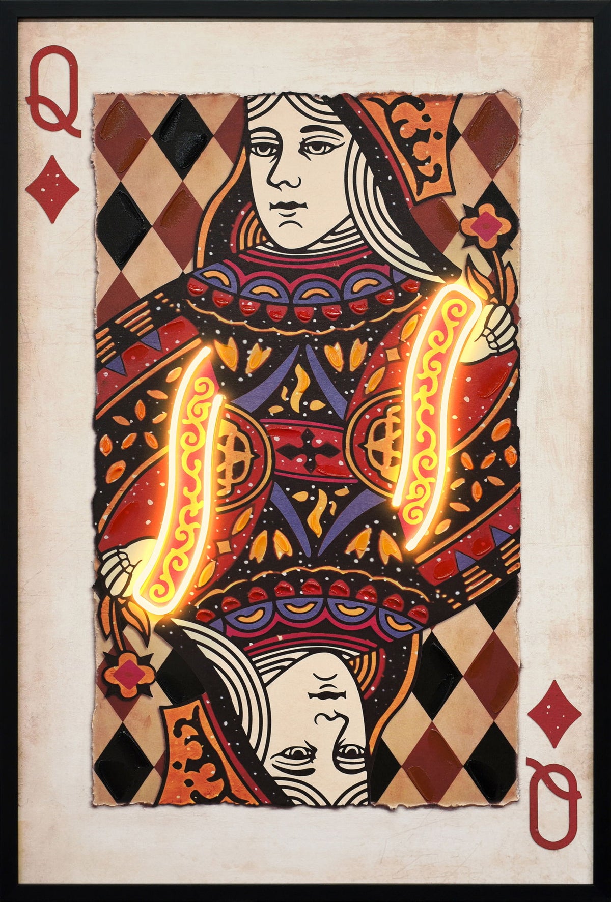 Royal Card IV Hand-Embellished LED Canvas In Frame - Red / Ivory