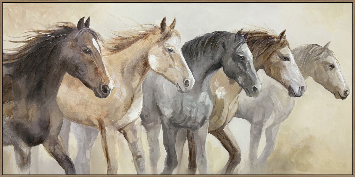 "Galloping Spirits" Hand-Embellished Canvas In Frame - Natural / Earthy