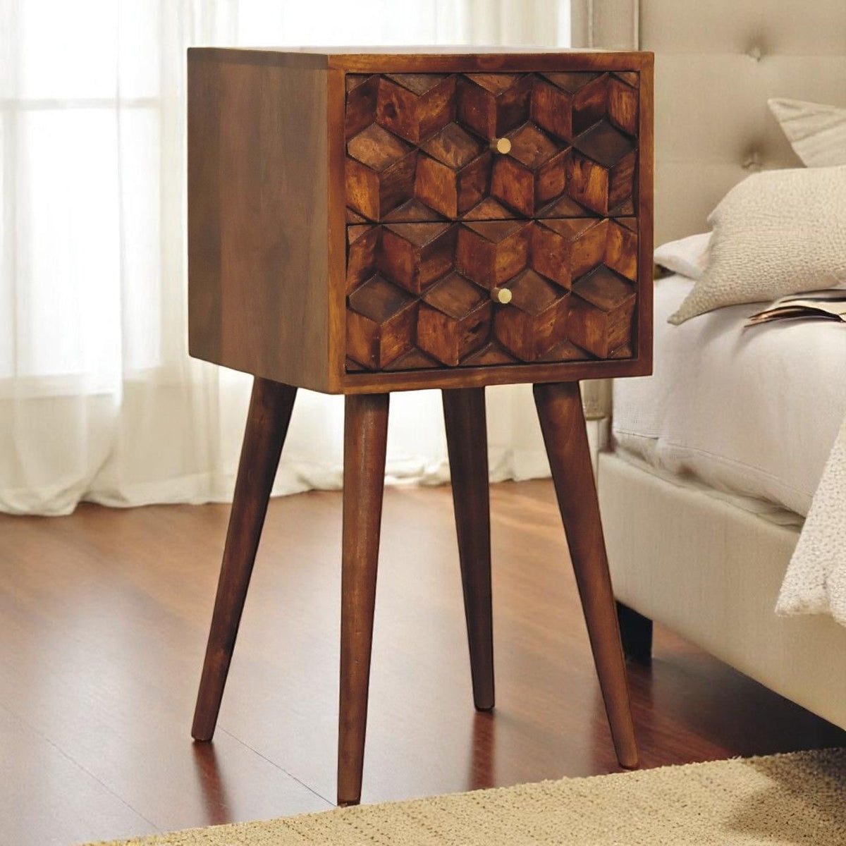 Mini Cube Carved 2 Drawer Nightstand