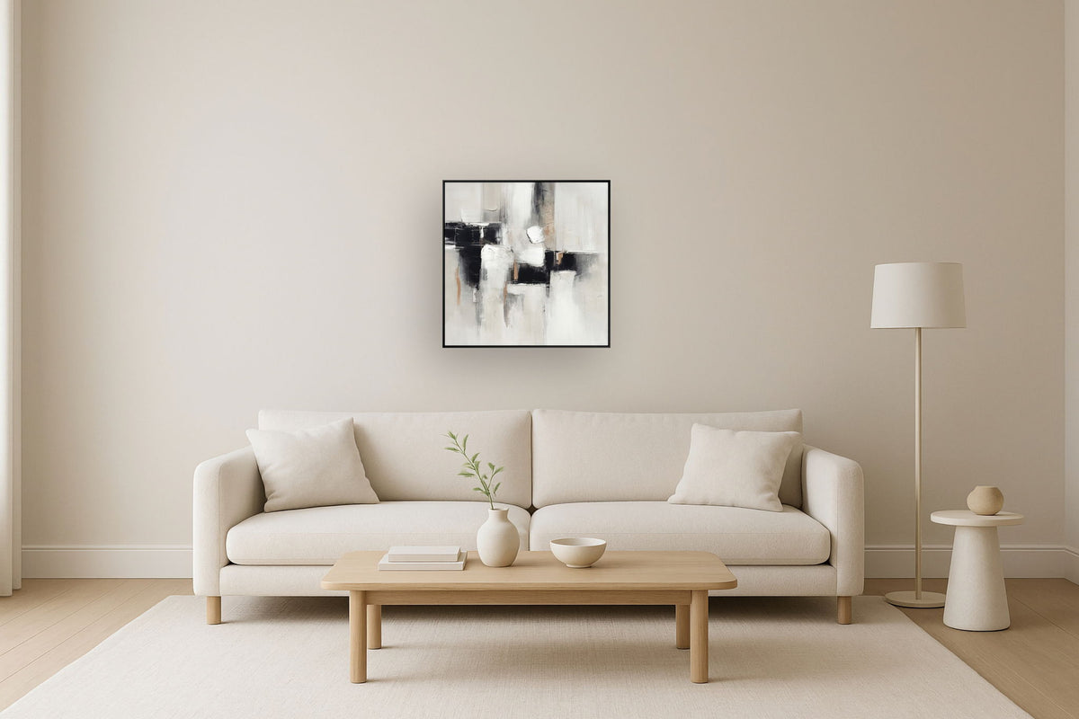 "Urban Elegance II" Hand-Embellished Canvas In Frame - White / Black / Tan