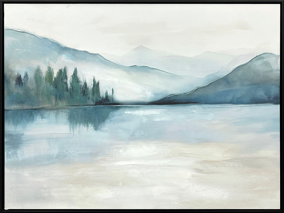"Serene Reflections I" Hand-Embellished Canvas In Frame - Blue / Green / White / Black
