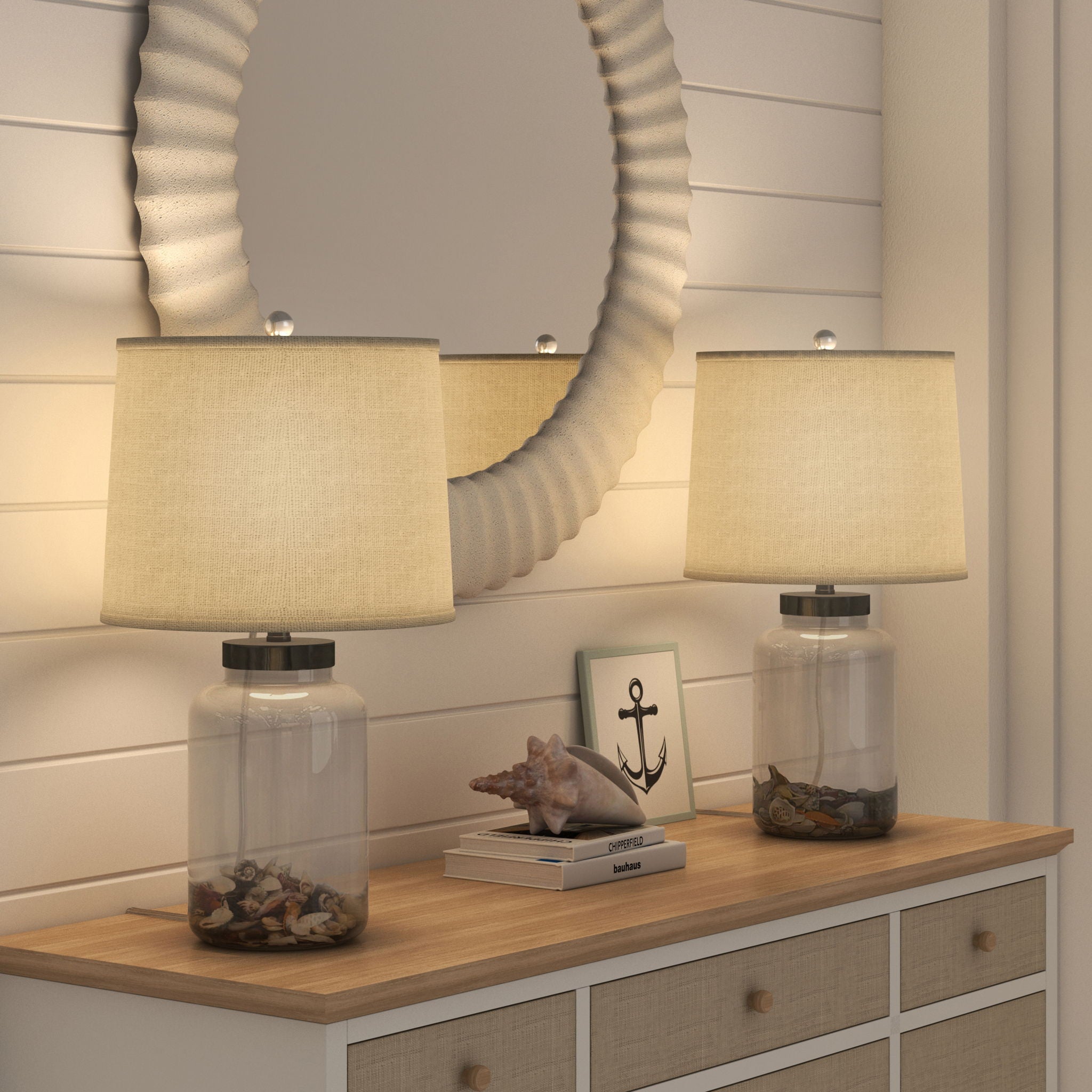 Shoreline Treasures - 27" Glass Table Lamp With Seashells and Burlap Shade (Set of 2) - Clear