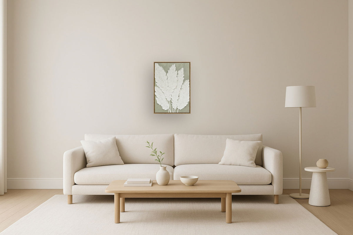 "Textured Foliage II" Hand-Embellished Canvas In Frame - Gray / White / Wood
