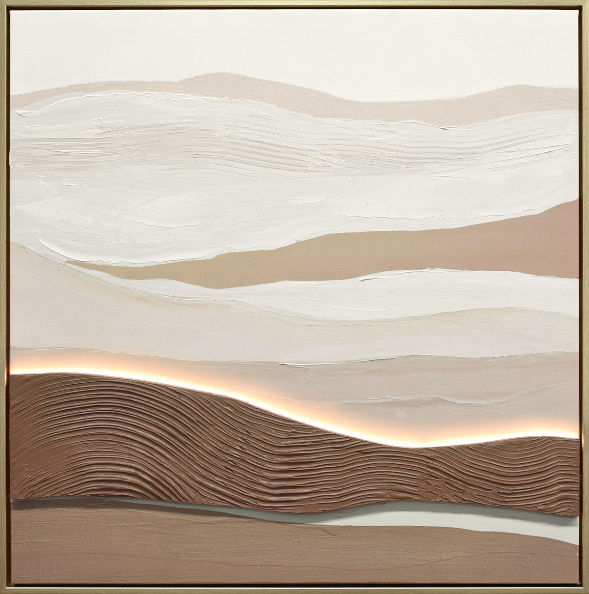 "Desert Glow II" Hand-Embellished LED In Frame - Beige / Brown / White
