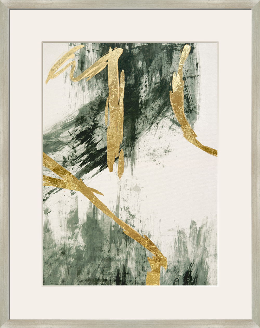 "Golden Strokes II" Hand-Embellished Canvas Framed Under Acrylic - Silver / Green / Gold