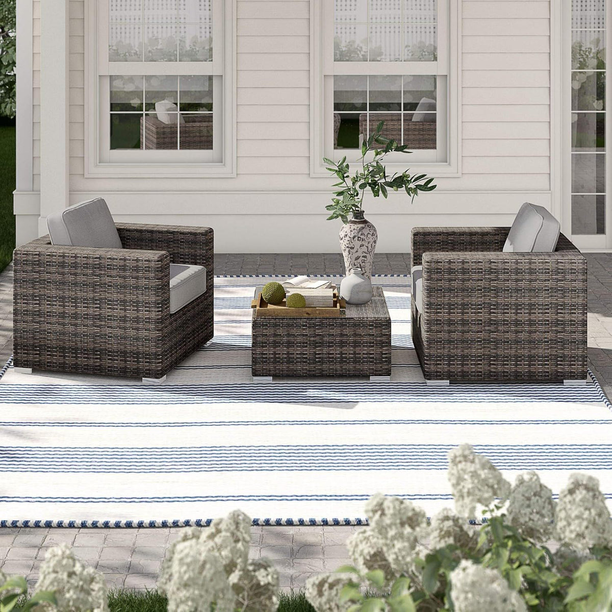Wicker Seating Group Set With Table And Cushions
