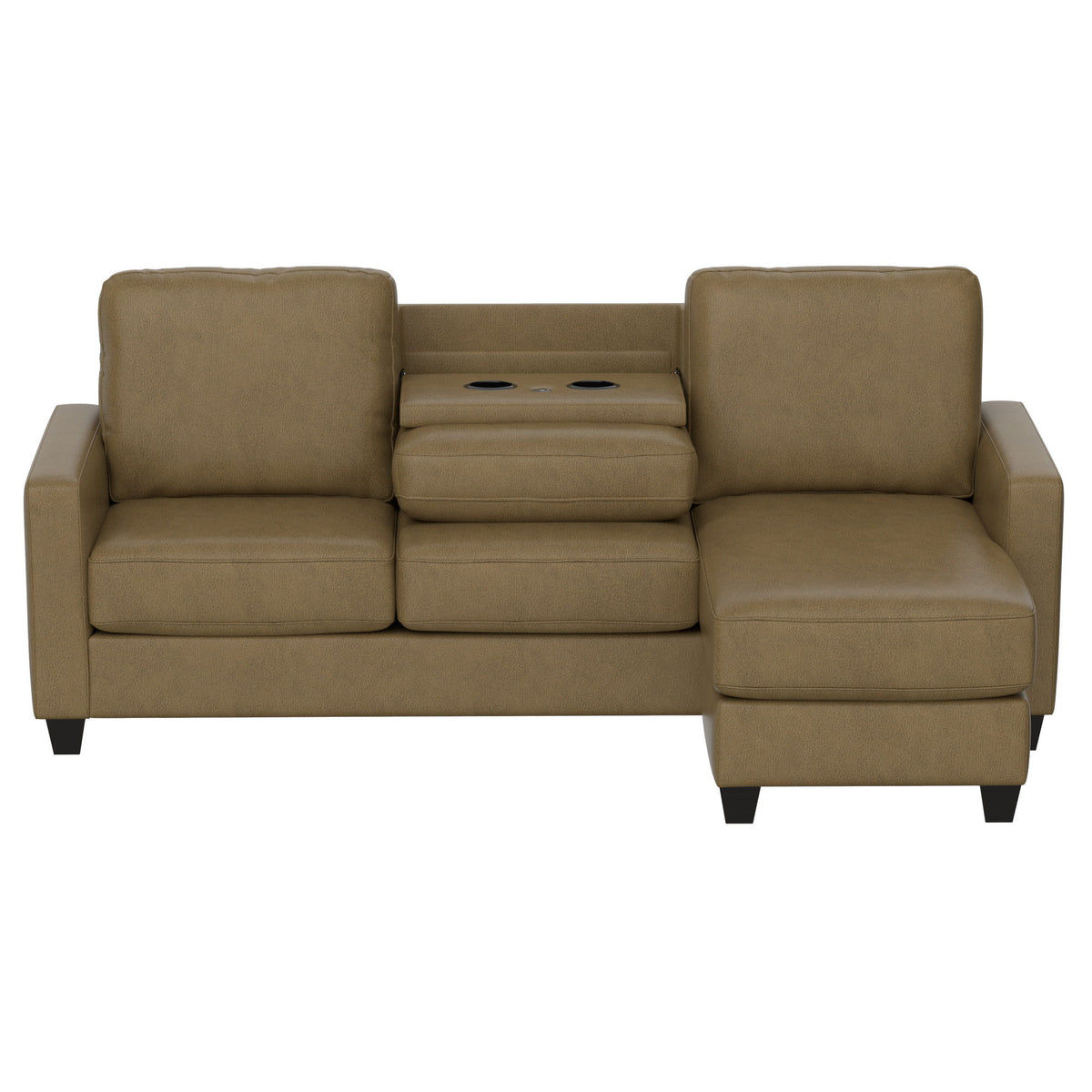 2 Piece Sofa With Chaise, Comfortable Seating For 3, Tapered Feet, USB Charging Console - Brown