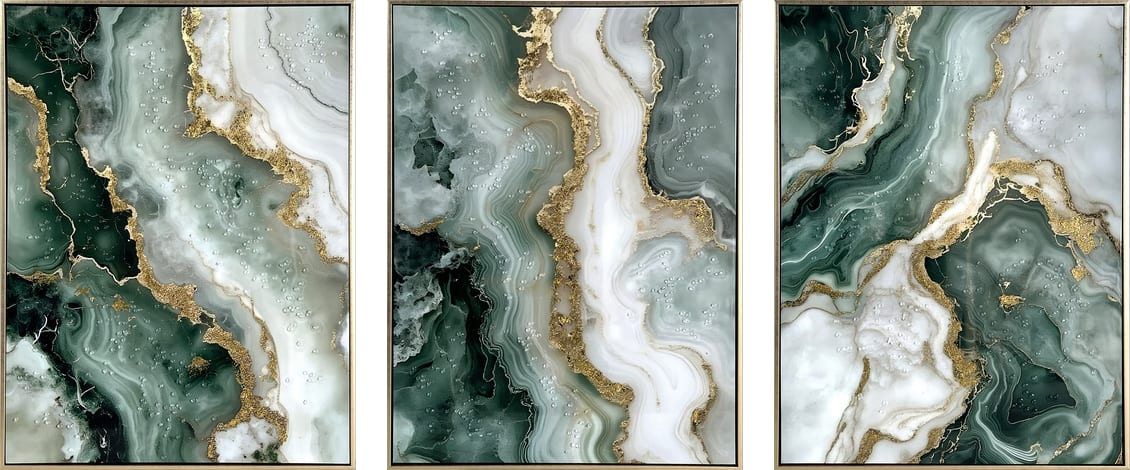 Jade Veining Hand-Embellished Canvas With Rocks & Foil In Frame (Set of 3) - Emerald / Sage