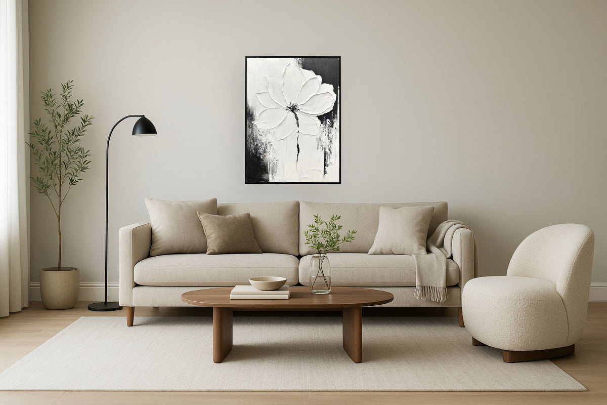 "Ethereal Blossom II" Hand-Painted Canvas In Frame - Gray / Black