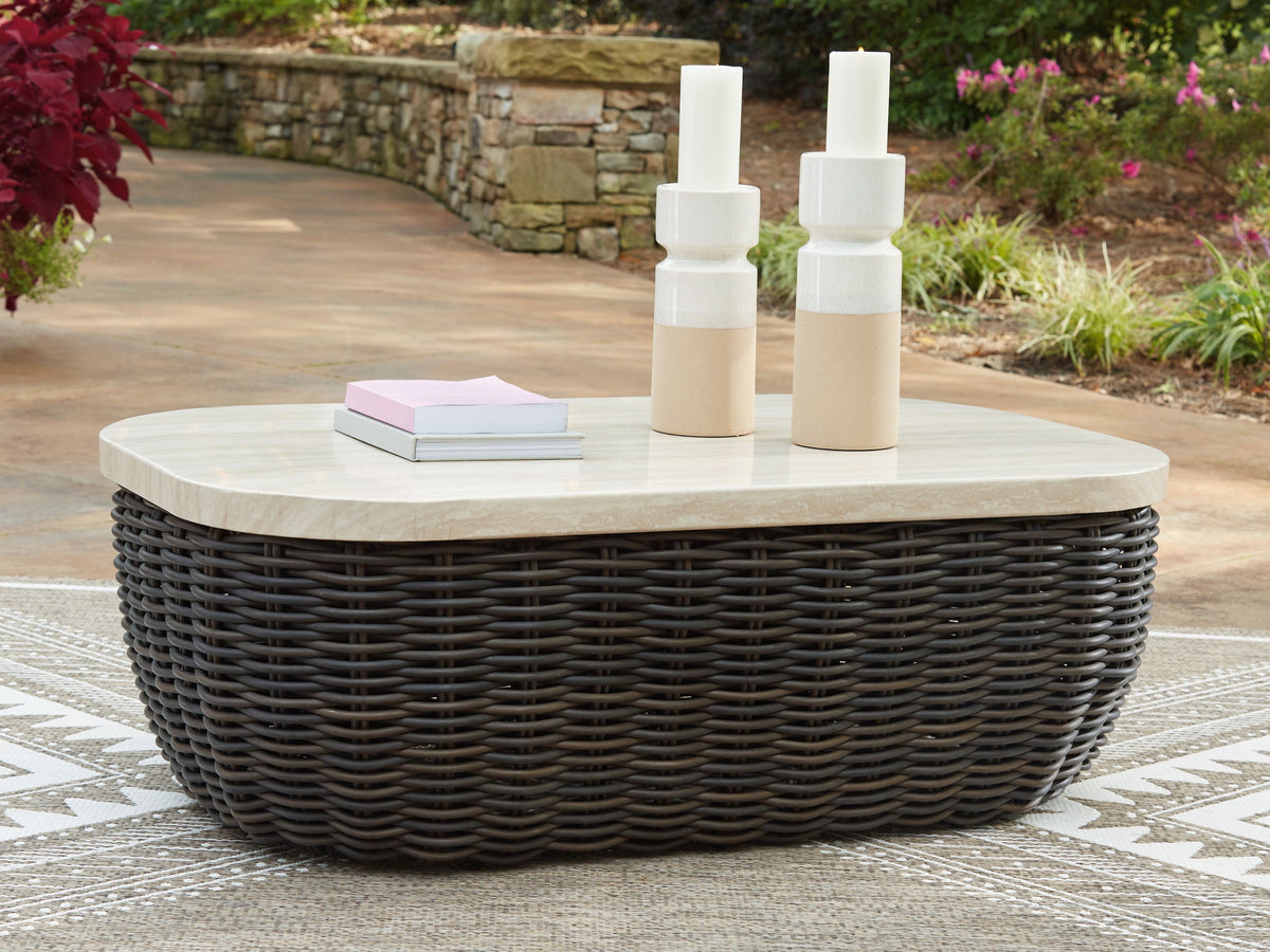Kimora - 4 Pc. - 4-Piece Outdoor Sectional, Swivel Glider Lounge, Cocktail Table, End Table - Beige / Dark Brown
