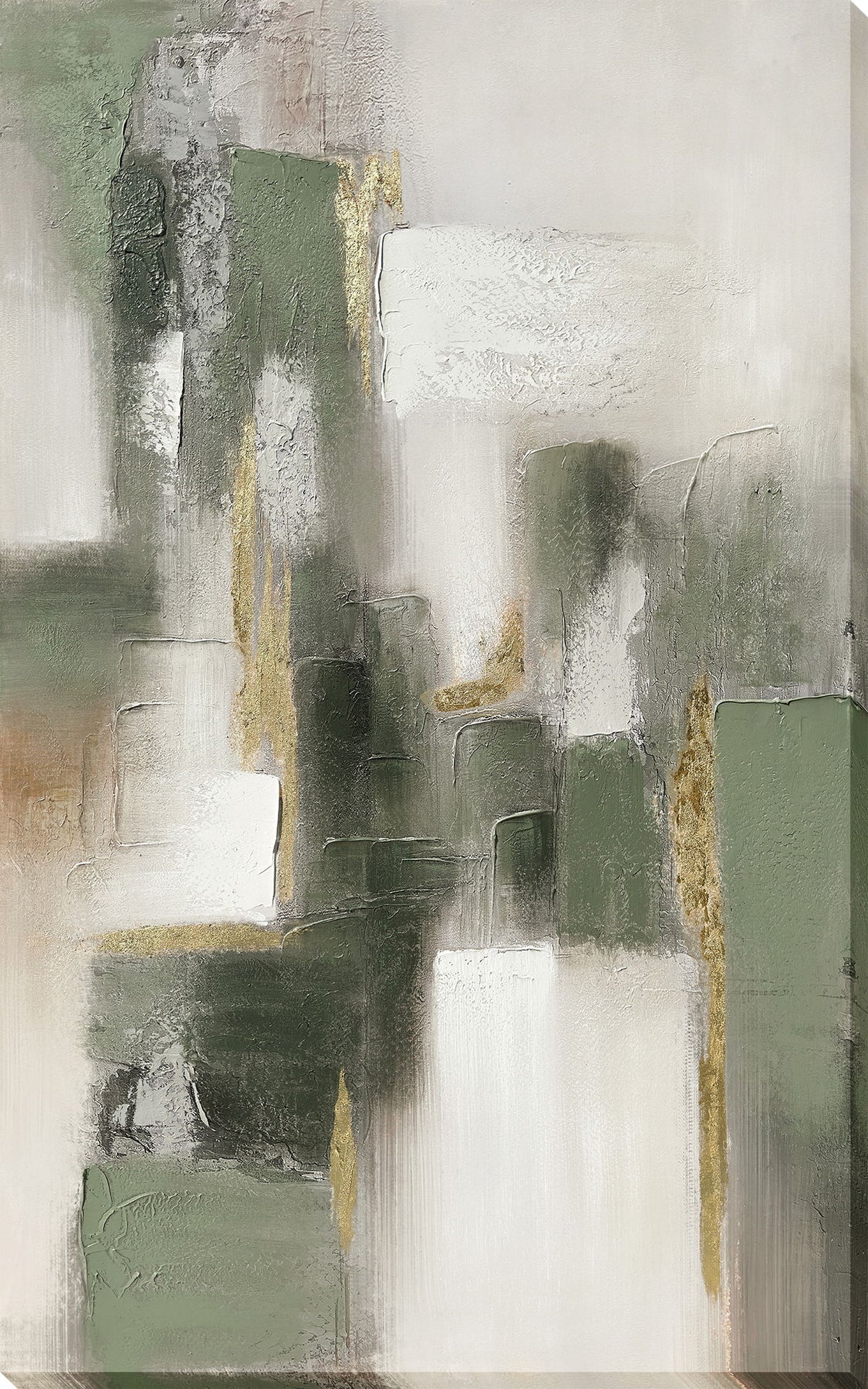 Verdant Structure I Hand-Embellished Wrapped Canvas With Foil - Sage / Gray