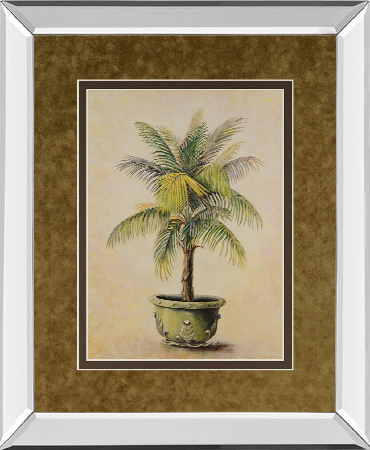 Potted Palm I - Mirror Framed Print Wall Art - Light Brown