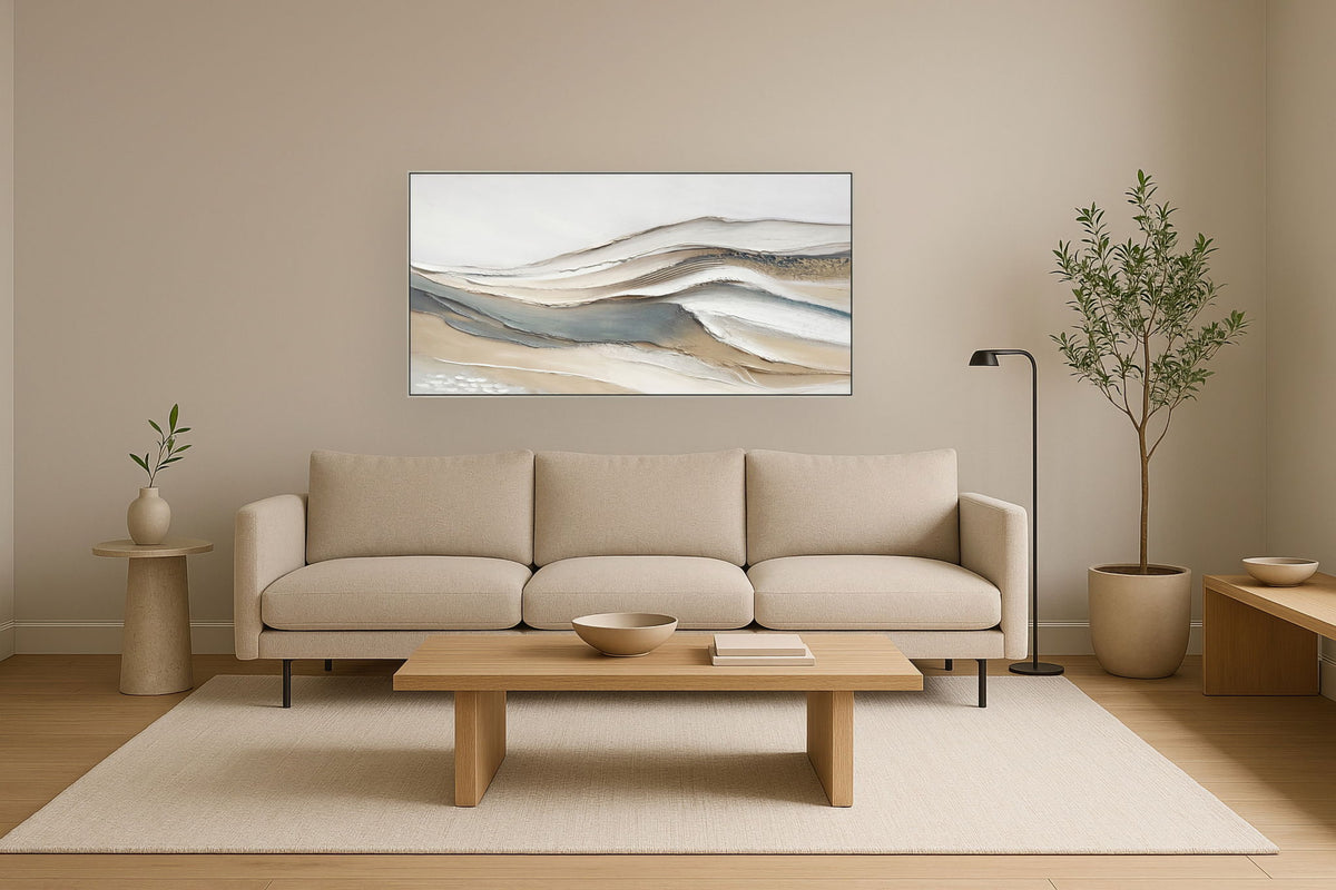 "Calming Flow" Hand-Embellished Canvas In Frame - Earth Tones / Blues / Beige