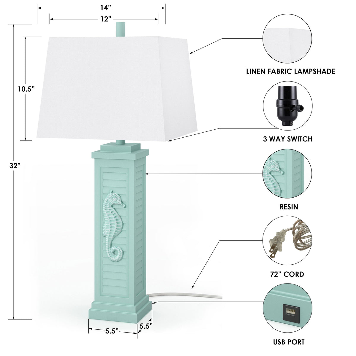 Sea Horse Shutter - Shutter Lamp With USB (Set of 2)